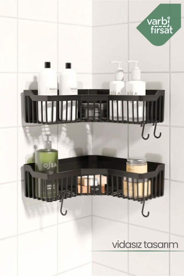 2' li Set Yapışkanlı Köşe Banyo Rafı Duş Şampuanlık Duvar Düzenleyici Köşelik Organizer
