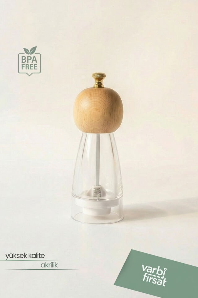 Ahşap Başlıklı Şeffaf Akrilik Tuzluk Karabiberlik Baharat Öğütücü Değirmen - 17 Cm