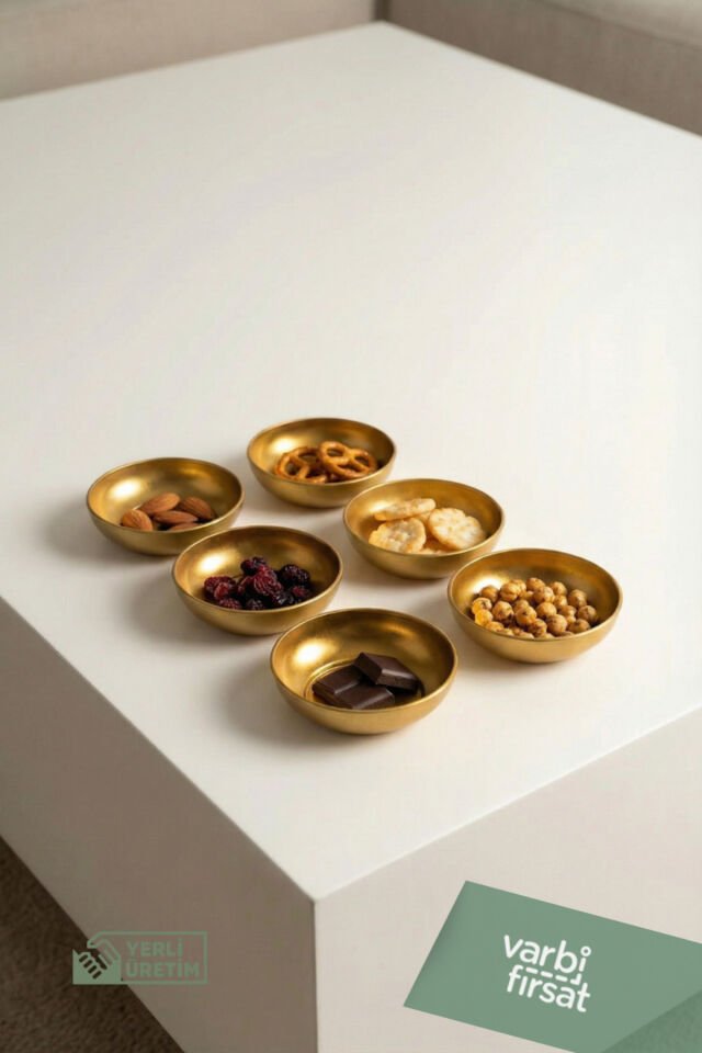 6’lı Gold Metal Çerezlik Seti – Şık Sunum Kaseleri, Atıştırmalık & Sosluk, Tealight Şamdan