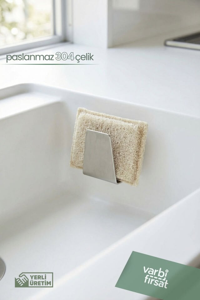 Tekli Paslanmaz Çelik Bulaşık Süngeri Tutucu Yapışkanlı Askılık Çift Taraflı Yapışkanlı Metal Askı