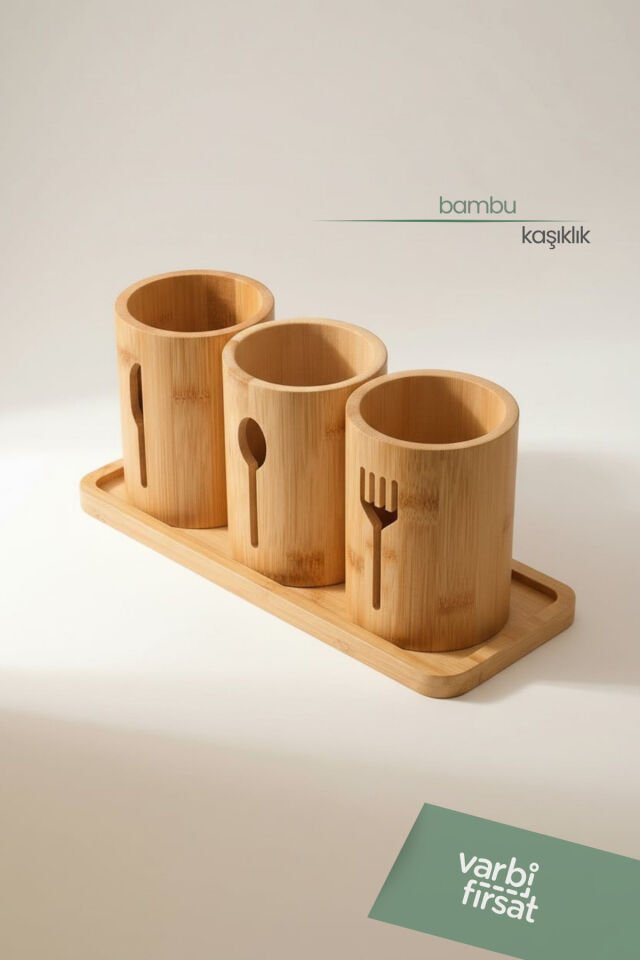 Doğal Bambu Çatal Kaşık Bıçaklık – 3'lü Mutfak Düzenleyici