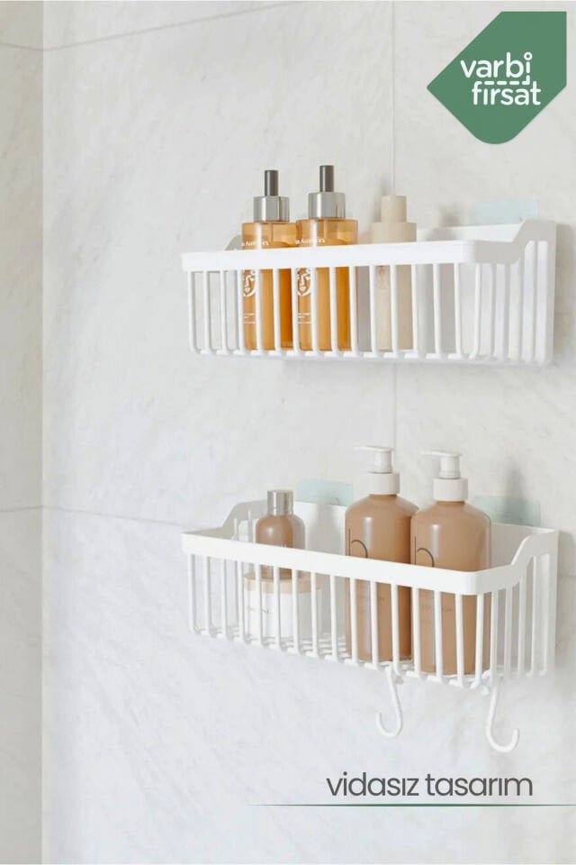 Yapışkanlı Banyo Rafı, 2'li Banyo Düzenleyici, Duş Rafı Organizer Şampuanlık, Plastik Banyor